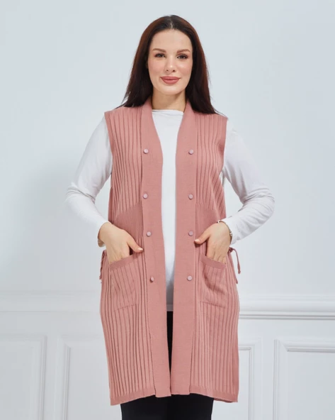 Kadın Standart Triko Mevsimlik Cepli Günlük Yelek - 10