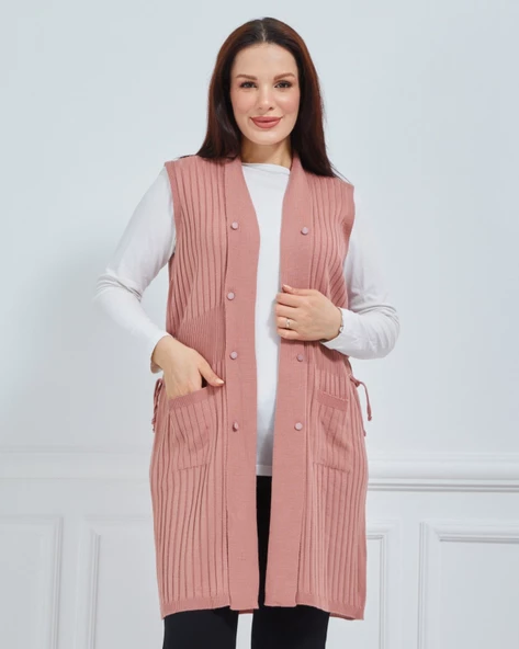 Kadın Standart Triko Mevsimlik Cepli Günlük Yelek - 8