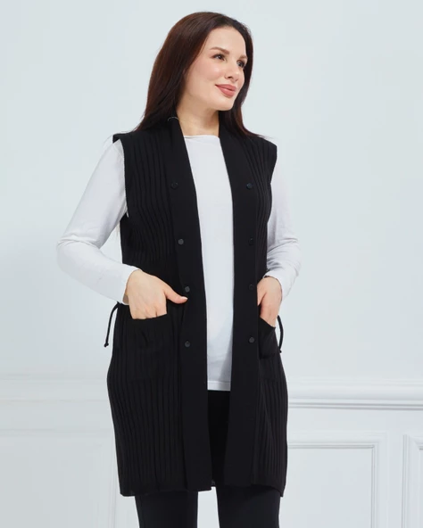 Kadın Standart Triko Mevsimlik Cepli Günlük Yelek - 5