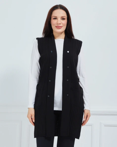 Kadın Standart Triko Mevsimlik Cepli Günlük Yelek - 2