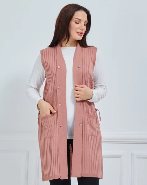 Kadın Standart Triko Mevsimlik Cepli Günlük Yelek - 11