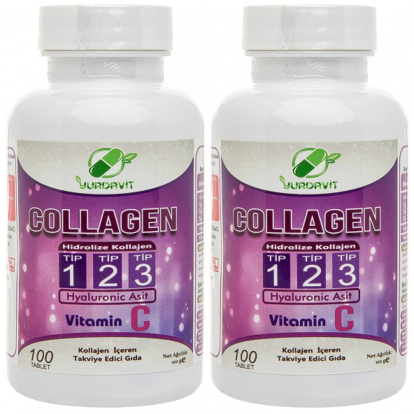 Yurdavit Hydrolyzed Collagen Type 1-2-3 2x100 Tablet Hyaluronic Acid Vitamin C Hidrolize Kolajen