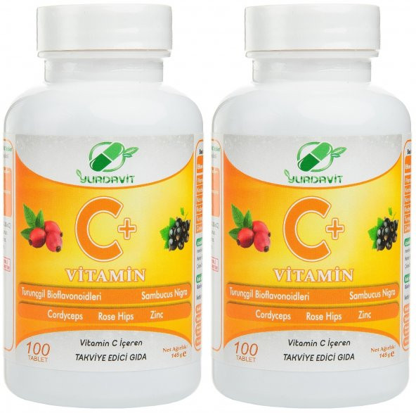 Yurdavit Vitamin C 2x100 Tablet Cordiceps Black Elderberry Citrus Bioflavonoids Zinc Sambucus Nigra