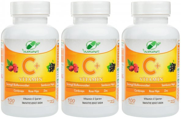 Yurdavit Vitamin C 3x100 Tablet Cordiceps Black Elderberry Citrus Bioflavonoids Zinc Sambucus Nigra