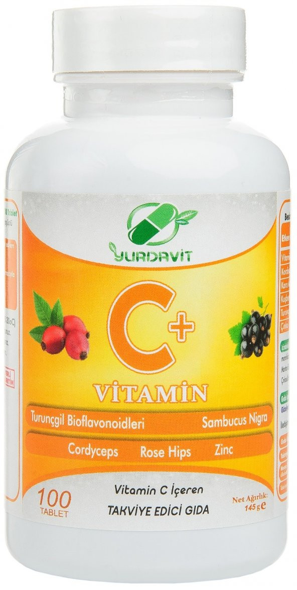 Yurdavit Vitamin C 3x100 Tablet Cordiceps Black Elderberry Citrus Bioflavonoids Zinc Sambucus Nigra - 2