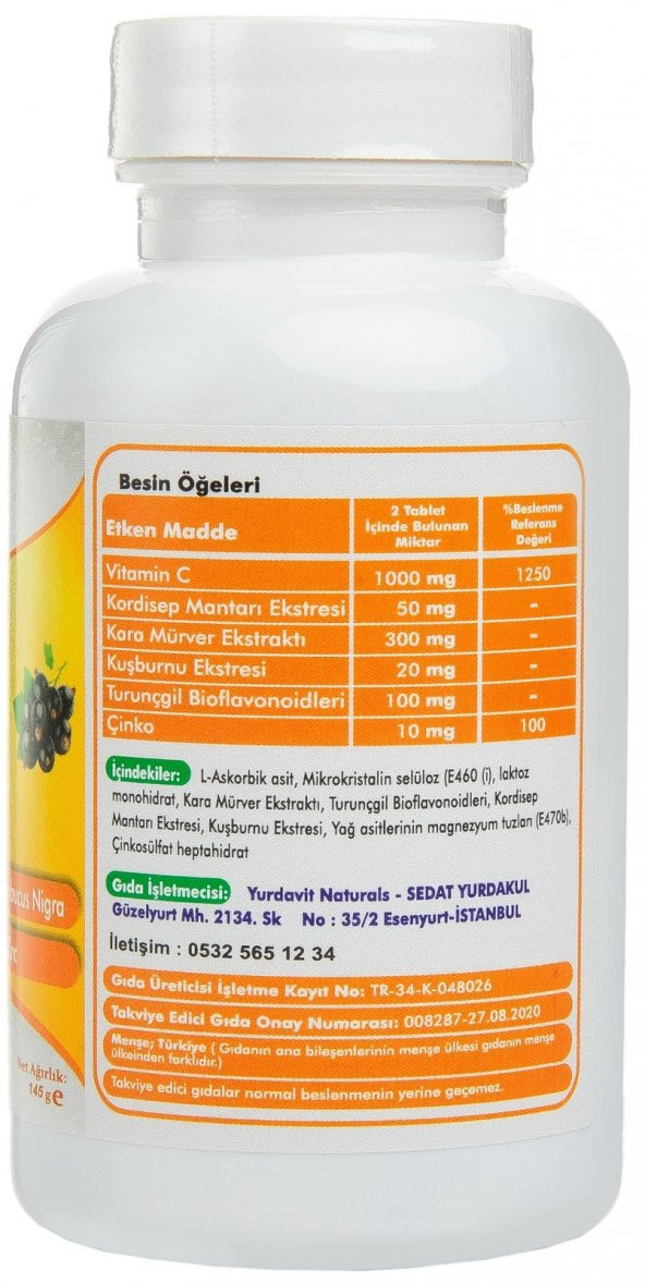 Yurdavit Vitamin C 3x100 Tablet Cordiceps Black Elderberry Citrus Bioflavonoids Zinc Sambucus Nigra - 3
