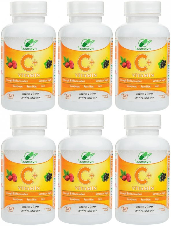 Yurdavit Vitamin C 6x100 Tablet Cordiceps Black Elderberry Citrus Bioflavonoids Zinc Sambucus Nigra