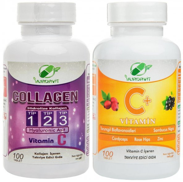 Yurdavit Set 100 Tablet Hidrolize Collagen Type 1-2-3 Hyaluronic Acid Vitamin C Vitamini 1000 Mg