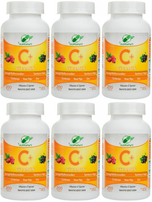 Yurdavit Vitamin C 6x200 Tablet Cordiceps Black Elderberry Citrus Bioflavonoids Zinc Sambucus Nigra