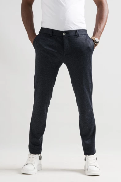 Slimfit Beli Lastikli Çizgili Duble Paça Kışlık Kumaş Erkek Jogger Pantolon - Resim 8