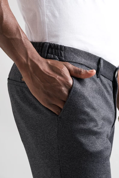 Slimfit Beli Lastikli Çizgili Duble Paça Kışlık Kumaş Erkek Jogger Pantolon - Resim 6