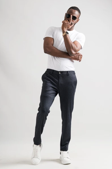 Slimfit Beli Lastikli Çizgili Duble Paça Kışlık Kumaş Erkek Jogger Pantolon - Resim 7