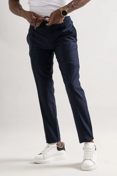 Armürlü Regular Fit Beli Lastikli Ve İplikli Önü Dikişli Mevsimlik Kumaş Erkek Jogger Pantolon - 3