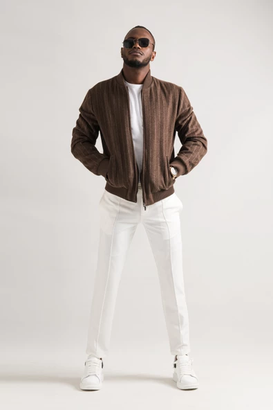 Regular Fit Kolej Yaka Fermuar Kapamalı Beli Ve Kolları Lastikli Çizgili Astarlı Kaşmir Mont - 8