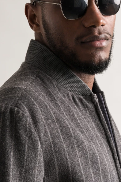 Regular Fit Kolej Yaka Fermuar Kapamalı Beli Ve Kolları Lastikli Çizgili Astarlı Kaşmir Mont - 7