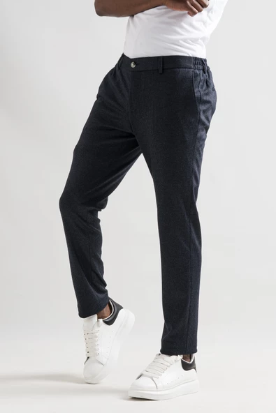 Slimfit Beli Lastikli Çizgili Duble Paça Kışlık Kumaş Erkek Jogger Pantolon - Resim 10