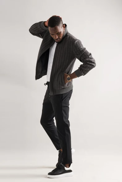 Regular Fit Kolej Yaka Fermuar Kapamalı Beli Ve Kolları Lastikli Çizgili Astarlı Kaşmir Mont - 2