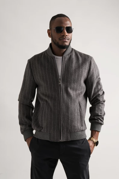 Regular Fit Kolej Yaka Fermuar Kapamalı Beli Ve Kolları Lastikli Çizgili Astarlı Kaşmir Mont - 4