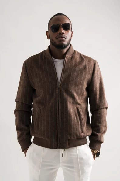 Regular Fit Kolej Yaka Fermuar Kapamalı Beli Ve Kolları Lastikli Çizgili Astarlı Kaşmir Mont - 9