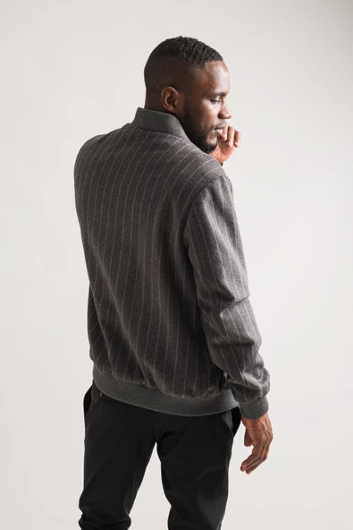 Regular Fit Kolej Yaka Fermuar Kapamalı Beli Ve Kolları Lastikli Çizgili Astarlı Kaşmir Mont - 5