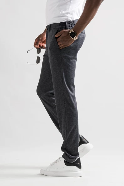 Slimfit Beli Lastikli Çizgili Duble Paça Kışlık Kumaş Erkek Jogger Pantolon - Resim 4