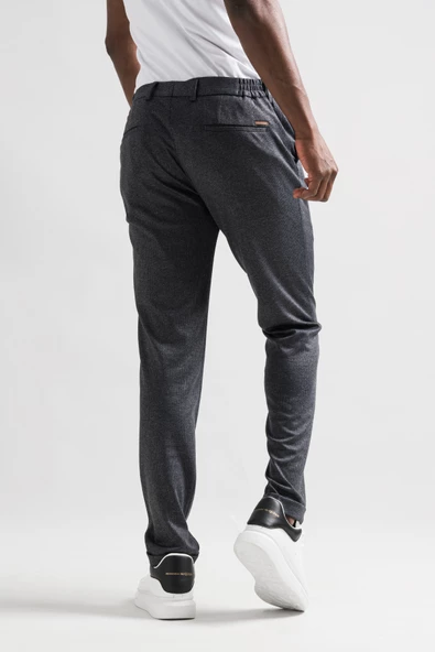 Slimfit Beli Lastikli Çizgili Duble Paça Kışlık Kumaş Erkek Jogger Pantolon - Resim 5