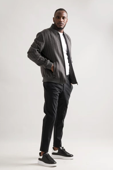 Regular Fit Kolej Yaka Fermuar Kapamalı Beli Ve Kolları Lastikli Çizgili Astarlı Kaşmir Mont - 3