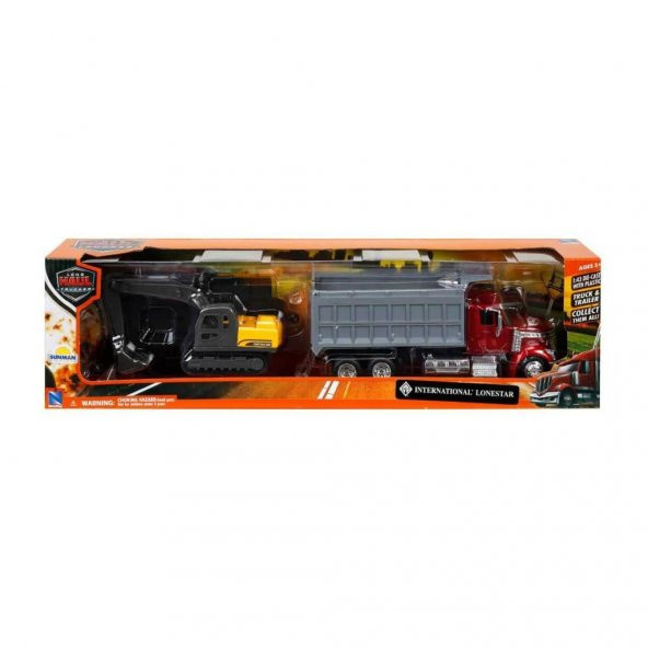 1:43 Long Haul International Lonestar Araçları - Kırmızı Taşıyıcı- Ekscavatör