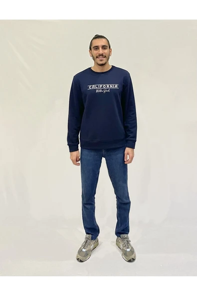 Erkek Bisiklet Yaka Rahat Kalıp 3 iplik Kalın Californıa Baskılı Sweatshirt SPR24SW32 - 9