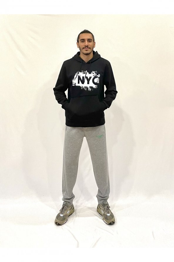 Erkek Kapşonlu Rahat Kalıp İçi Polarlı 3 iplik NYC Baskılı SweatShırt spr24swK09