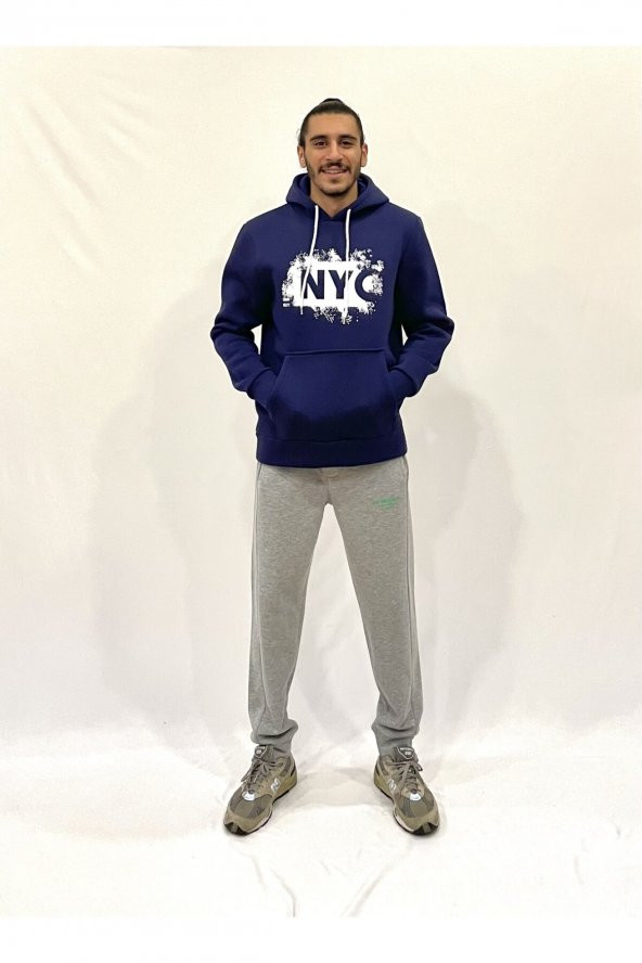 Erkek Kapşonlu Rahat Kalıp İçi Polarlı 3 iplik NYC Baskılı SweatShırt spr24swK09 - 5