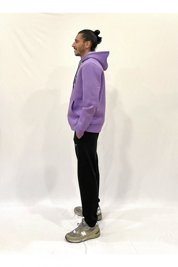 Erkek Kapşonlu Rahat Kalıp İçi Polarlı 3 iplik NYC Baskılı SweatShırt spr24swK09 - 9