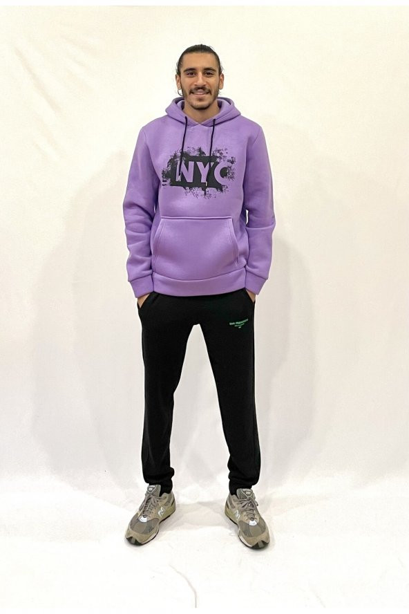 Erkek Kapşonlu Rahat Kalıp İçi Polarlı 3 iplik NYC Baskılı SweatShırt spr24swK09 - 10