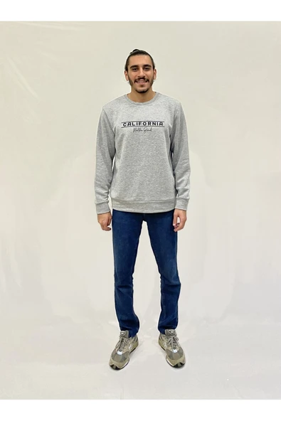 Erkek Bisiklet Yaka Rahat Kalıp 3 iplik Kalın Californıa Baskılı Sweatshirt SPR24SW32 - 5