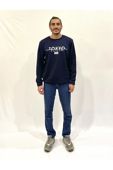 Erkek Bisiklet Yaka Rahat Kalıp 3 iplik Kalın Tokyo Baskılı Sweatshirt SPR24SW30