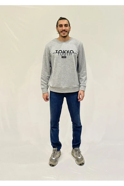 Erkek Bisiklet Yaka Rahat Kalıp 3 iplik Kalın Tokyo Baskılı Sweatshirt SPR24SW30 - 5