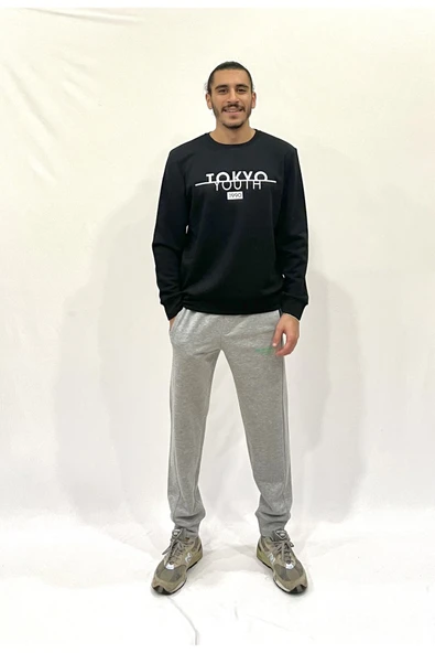 Erkek Bisiklet Yaka Rahat Kalıp 3 iplik Kalın Tokyo Baskılı Sweatshirt SPR24SW30 - 9