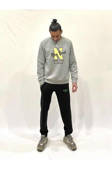 Erkek Bisiklet Yaka Rahat Kalıp 3 iplik Kalın N Baskılı Sweatshirt SPR24SW25 - 8