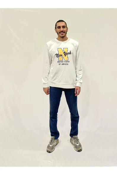 Erkek Bisiklet Yaka Rahat Kalıp 3 iplik Kalın N Baskılı Sweatshirt SPR24SW25 - 5