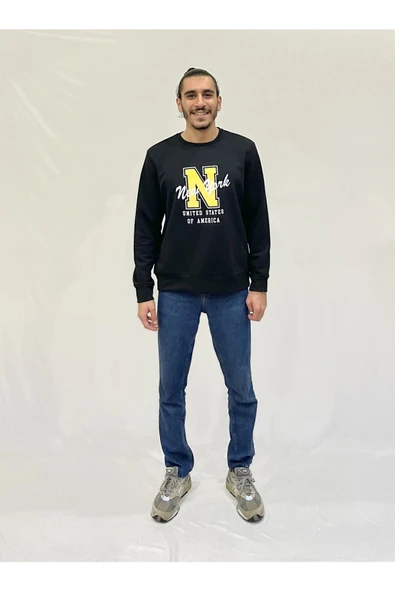 Erkek Bisiklet Yaka Rahat Kalıp 3 iplik Kalın N Baskılı Sweatshirt SPR24SW25