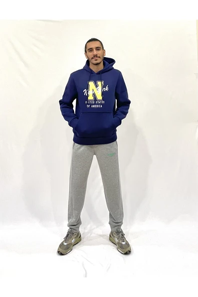 Erkek Kapşonlu Rahat Kalıp İçi Polarlı 3 iplik N Baskılı SweatShırt spr24sw06 - 5