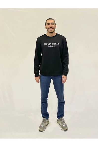 Erkek Bisiklet Yaka Rahat Kalıp 3 iplik Kalın Californıa Baskılı Sweatshirt SPR24SW32