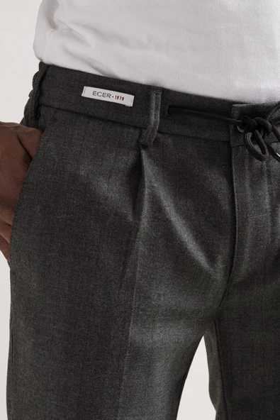 Ecer Tek Pileli Slimfit Beli Lastikli Ve İplikli Çizgili Kışlık Erkek Kumaş Pantolon - 6