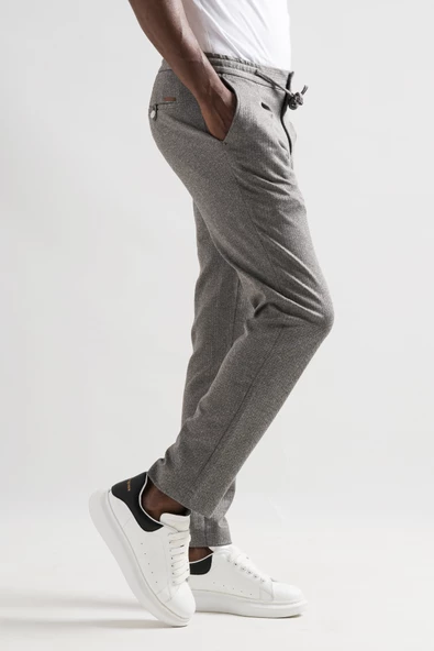 Slimfit Beli Lastikli İplikli Çizgili Tek Pileli Kışlık Kumaş Erkek Jogger Pantolon - 4