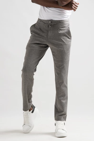 Slimfit Beli Lastikli İplikli Çizgili Tek Pileli Kışlık Kumaş Erkek Jogger Pantolon - 2