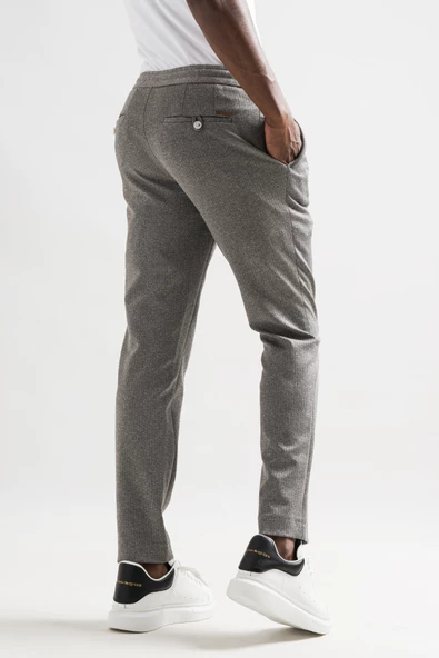 Slimfit Beli Lastikli İplikli Çizgili Tek Pileli Kışlık Kumaş Erkek Jogger Pantolon - 5