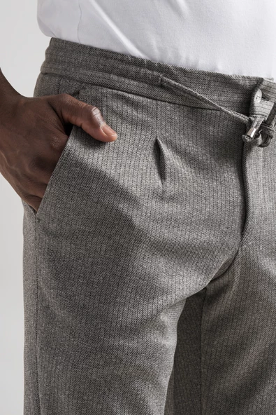 Slimfit Beli Lastikli İplikli Çizgili Tek Pileli Kışlık Kumaş Erkek Jogger Pantolon - 6