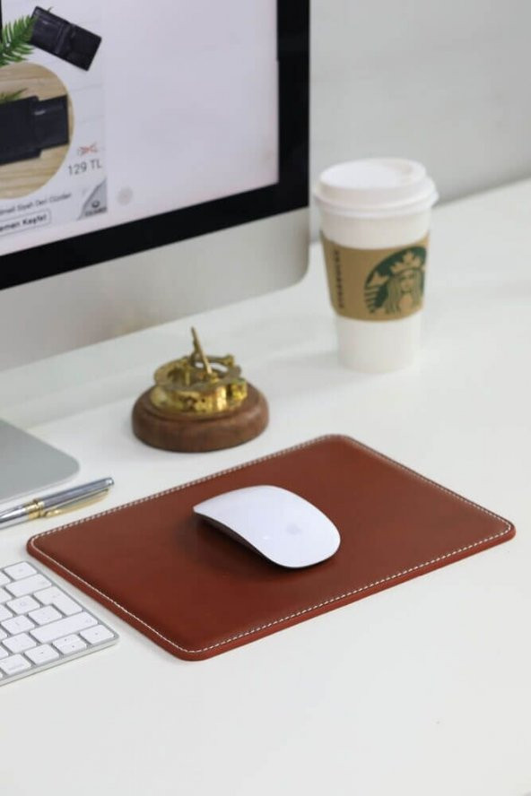Dikiş Detaylı Taba Deri Mouse Pad 26 x 20
