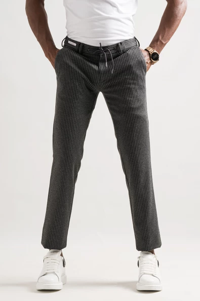 Ecer Slimfit Beli Lastikli Ve İplikli Çizgili Pamuklu Kışlık Kumaş Erkek Jogger Pantolon - 8