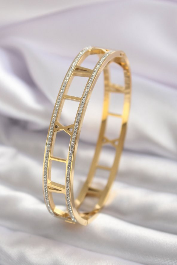 316L Çelik Gold Renk Roma Rakam Model Zirkon Taş Detay Kadın Kelepçe ürün görseli
